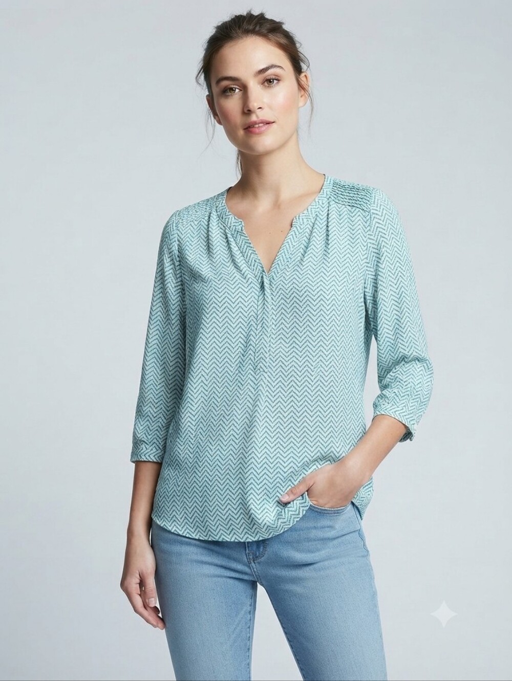 ​Soyaconcept Chevron V-Neck Pleated Tunic Blouse Blue L Cottagecore Boho